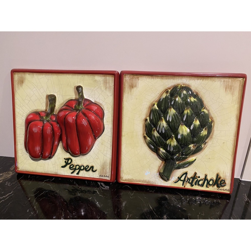 Art Tile Wall Hanging Raised Relief Veggies Signed By Artist 8"x 8" Set of 2